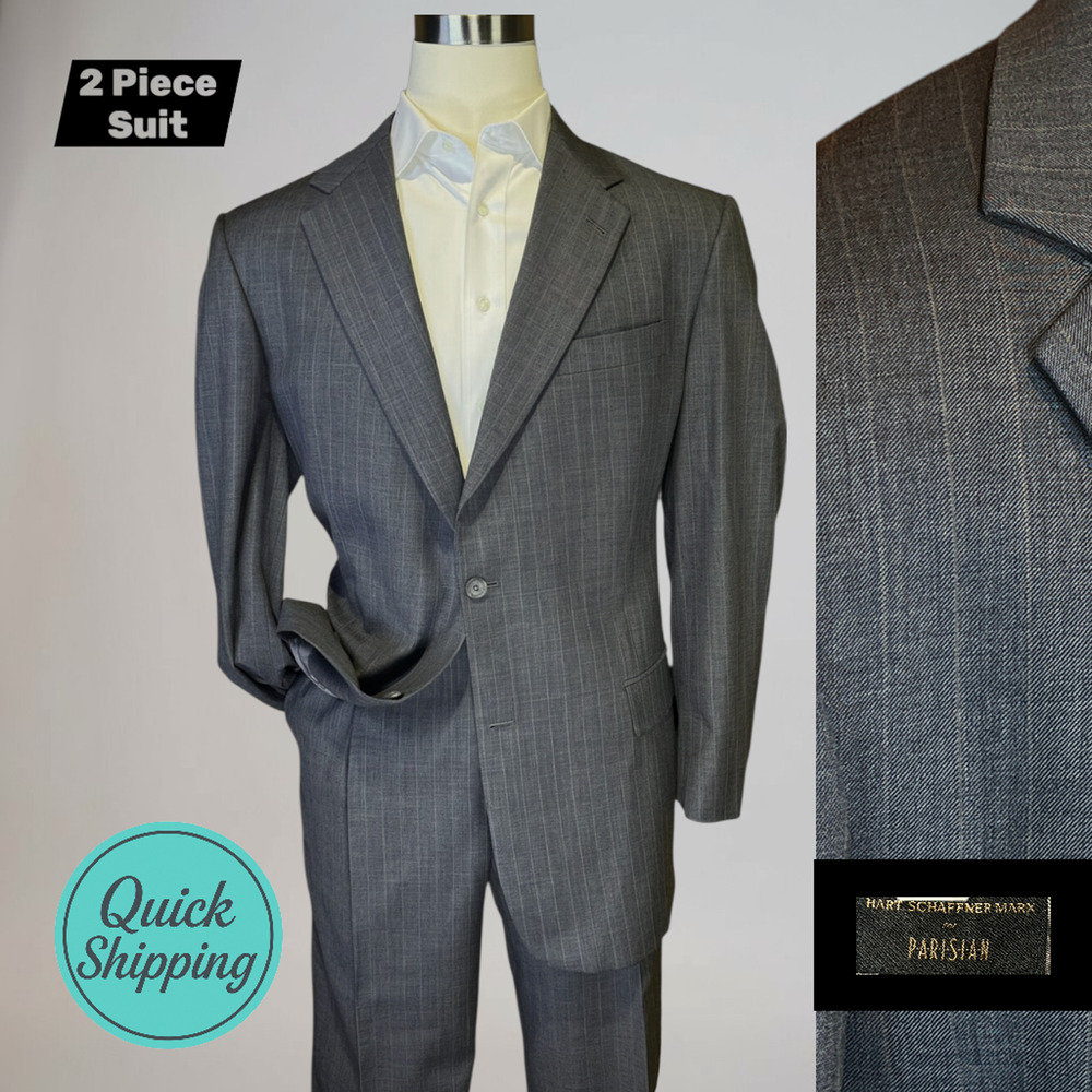 Hart Schaffner Marx 44L 37x30 Steel Gray Light Tan Stripe Suit Micro Hopsack